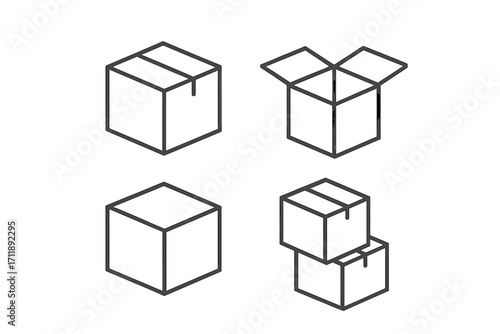 Box line icon set. Package delivery symbol collection. Shipping and logistic icons. Open and closed cardboard box. Parcel packaging vector illustration. Isometric container sign.