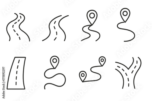 Road line icon set. Winding highway, journey path and map pin location signs. Route, destination, navigation and travel outline symbols for web design, apps and infographics.