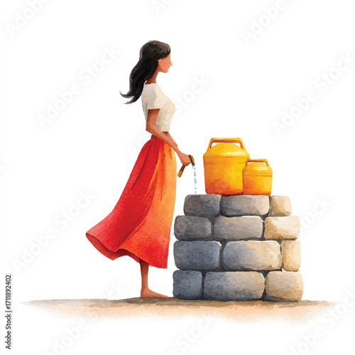Woman at the well focused on water rural life red skirt white shirt.