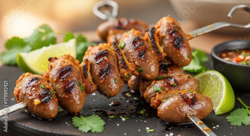 Close-up shot of grilled chicken hearts on skewers, served with lime and sauce.