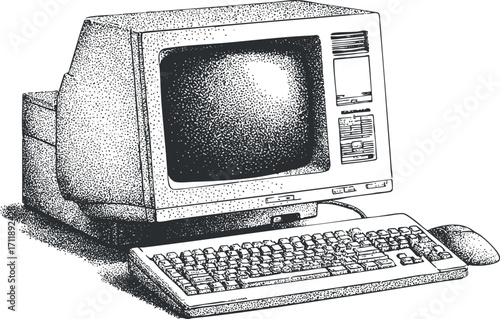 A vintage computer setup featuring a monitor keyboard and mouse in a retro style illustration.