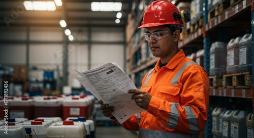 Warehouse Employee Reviews Chemical Safety Documentation for Hazard Communication