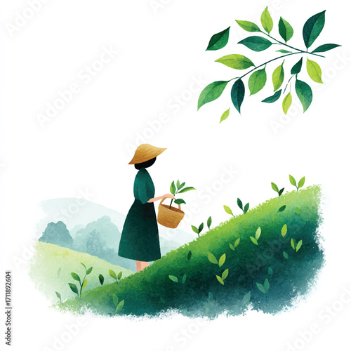 Woman farmer harvesting tea leaves on a plantation.