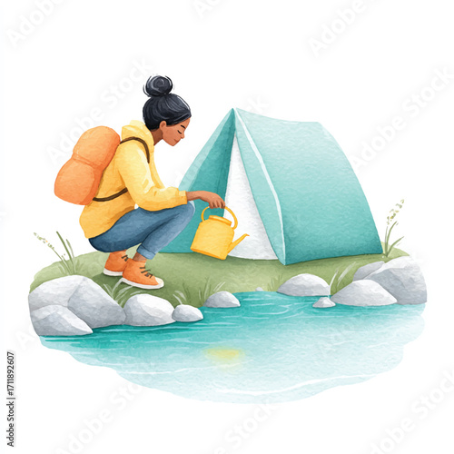 Woman Filling Watering Can by Tent on Riverbank.