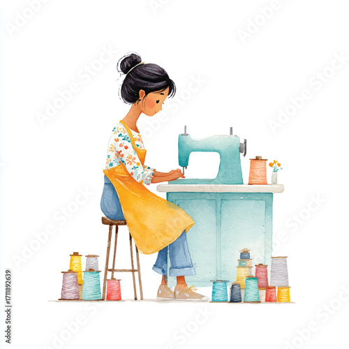 Woman Focused on Sewing with Sewing Machine and Colorful Threads.