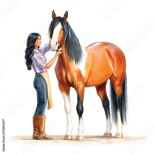 Woman grooming a beautiful paint horse.