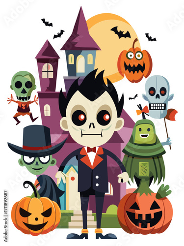 Spooky halloween vector illustration pack featuring monsters pumpkins castle and moon