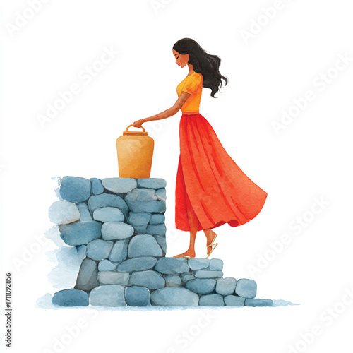 Woman in orange dress by the stone well holding jug.