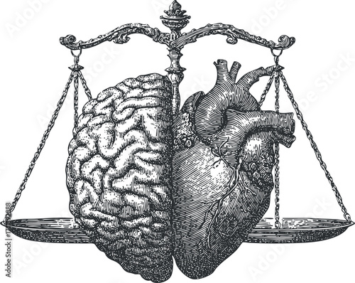 An artistic representation of a brain and heart balanced on a scale symbolizing emotion and logic.