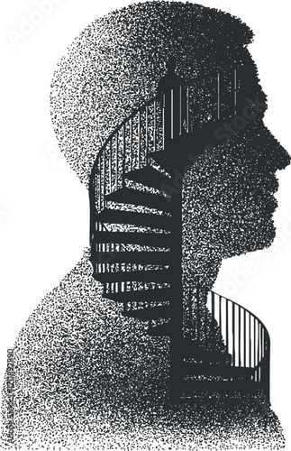 An abstract silhouette representing the mind with a spiral staircase symbolizing growth and creativity.