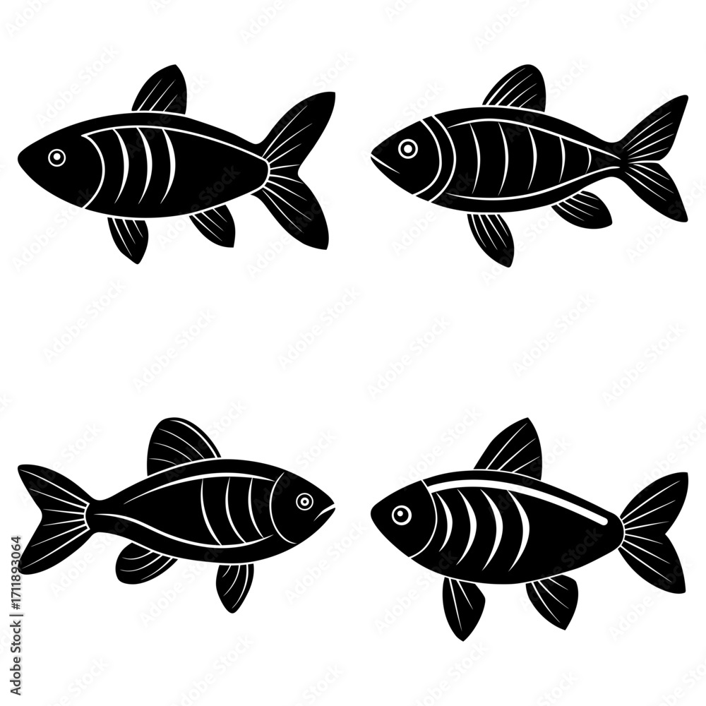 Fototapeta premium Illustration of four black fish with detailed fins and gills swimming in different directions on white