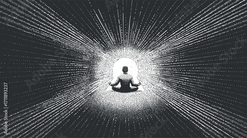 A meditative figure surrounded by radiating lines of energy representing inner peace and mindfulness.