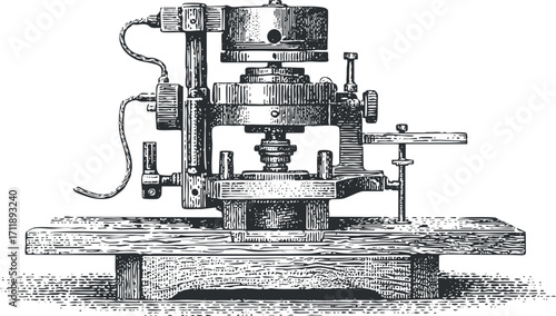 An intricate vintage engraving of a mechanical printing press showcasing historical technology.