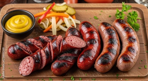 Grilled sausages with mustard, pickles, and vegetables served on a wooden board.