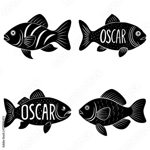 Illustration of four black fish with varying designs including one with the name oscar on its body