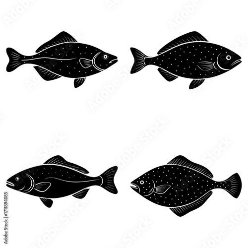 Four black and white fish illustrations in varying shapes and orientations on a white background