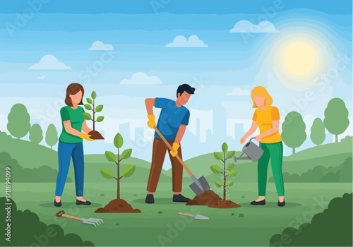 People planting trees together in a park on a sunny day