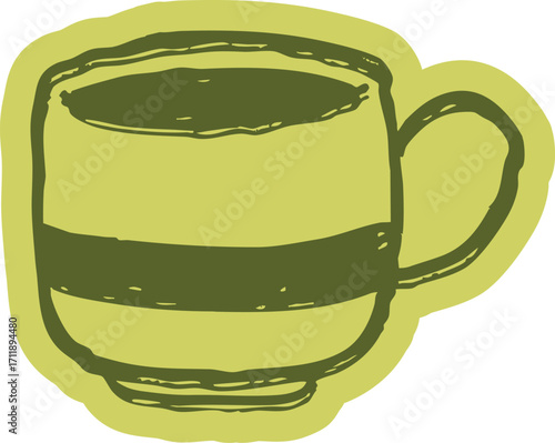 Striped mug sticker for a hot matcha latte. Cute hand drawn doodle of a modern tea or coffee cup.
