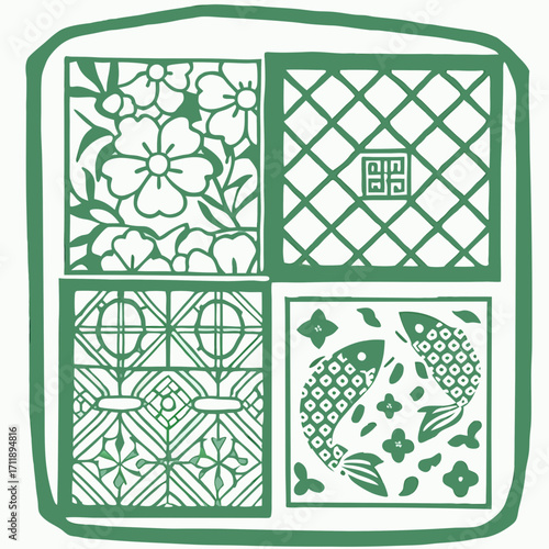 Green decorative panels featuring flowers geometric patterns and fish