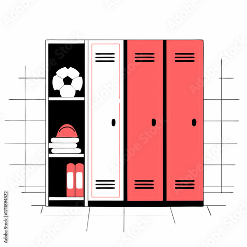 Sports locker room with soccer ball and red lockers