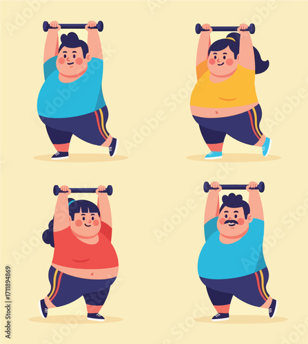 Charming People Exercising With Weights In A Fun Cartoon Style