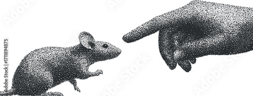 A whimsical illustration of a hand reaching out to a curious mouse, depicting interaction.