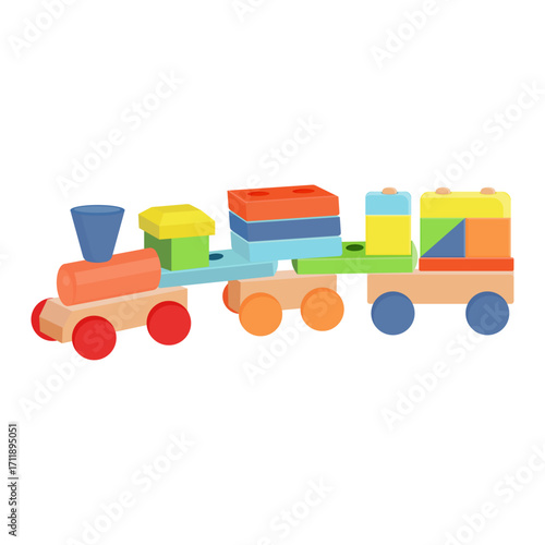 Colorful wooden toy train on white background. Cute kids educational play set for baby, toddler, children, kindergarten. Flat vector illustration for shop, design, web, fun and learning concepts.
