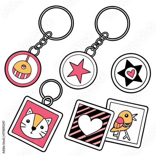 Cute kawaii style keychains featuring animals and symbols