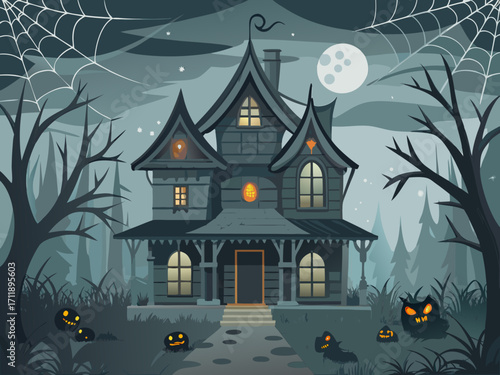 Spooky halloween mansion vector illustration cobweb covered haunted house scalable eps