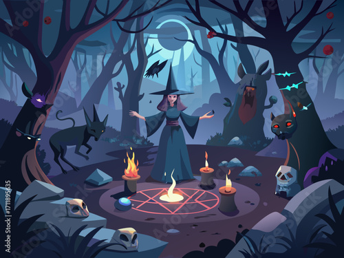 Mysterious witch performing ritual in enchanted dark forest clearing vector art