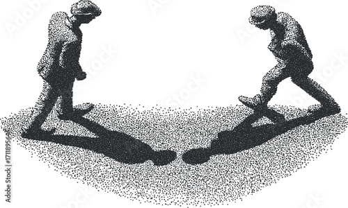 Two figures walking towards each other creating abstract shadows on a minimalist background.