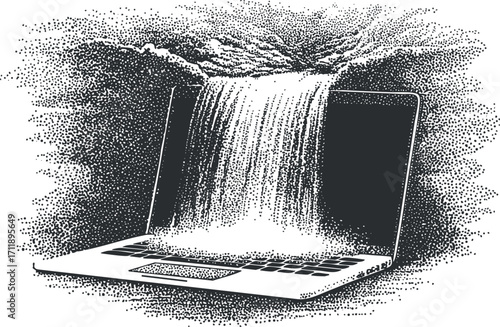 A creative illustration of a laptop with a waterfall flowing from the screen.