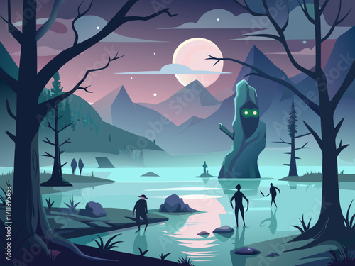 Haunted lake night scene spooky ghostly figures eerie atmosphere vector illustration