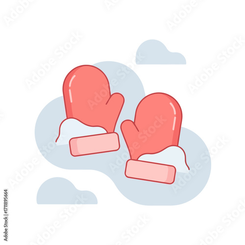 Red mittens in snow with soft clouds in winter season  