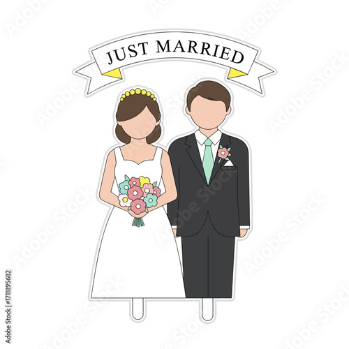 Cartoon bride and groom standing together for wedding cake topper  
