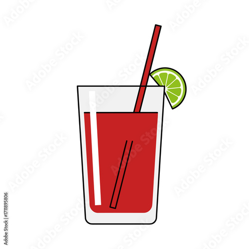 Glass of tomato juice with straw and lime wedge on white background  