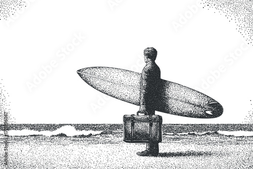 A silhouette of a surfer holding a briefcase while standing by the beach and ocean.