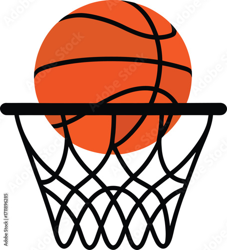 basketball hoop and ball, Vector Illustration of Basketball Hoop with Net and Ball in Mid Air, Sport Equipment Icon for Game, Training, Competition, Street Basketball, Athletic Graphic Design on White