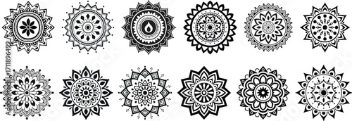 Mandala circle set big collection: black colour frame, dussehra, diwali, deepavali, durga, puja, festive, indian, decoration, event, yellow, orange,  holi, krishna, janmashtami, 