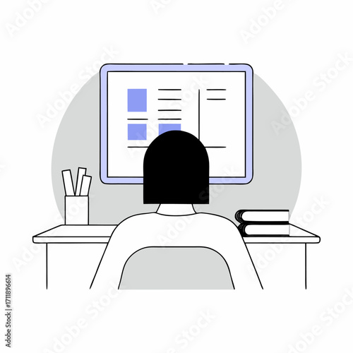 Woman analyzing data dashboard at home. Minimalistic vector illustration.
