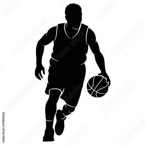 The silhouette of a basketball player dribbling the ball