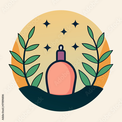 Natural skincare essence bottle template. Eco cosmetic packaging emblem. Cartoon vector image.