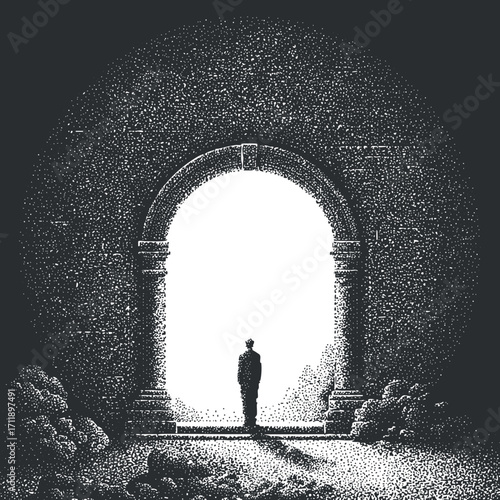 A silhouette figure standing in an archway illuminated by light, symbolizing exploration and mystery.