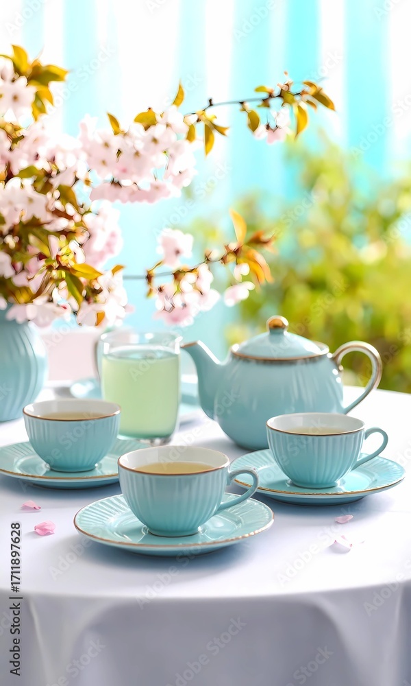 Fototapeta premium Elegant Spring Afternoon Tea Party with Pastel Light Blue Porcelain Tea Set and Pink Cherry Blossoms on a White Tablecloth Outdoors