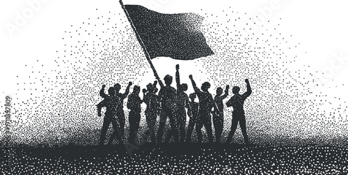 Silhouette of a protest group raising a flag, symbolizing unity and social change.
