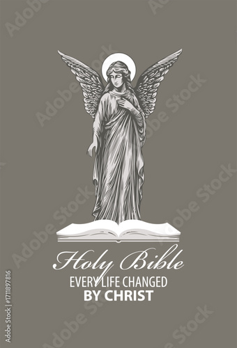 Vector illustration of an angel and open book, and the inscription "Holy Bible." Guardian angel or themes of death and religion. Funeral services. Memorial, monument, tattoo, T-shirt design. No ai