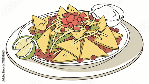 Delicious nachos with sour cream and lime wedges on a plate.