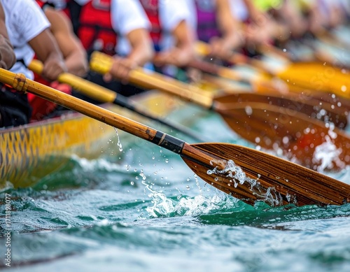 Rowing team paddles through water during a competition