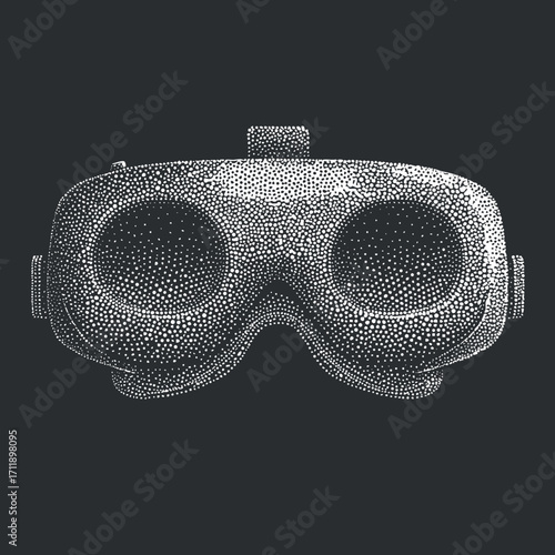 Illustration of futuristic goggles representing virtual reality technology in a detailed dot style.