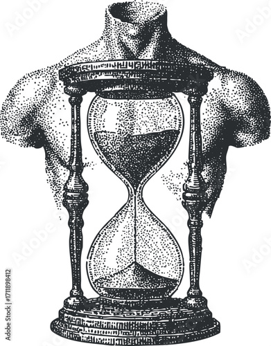 A vintage illustration of an hourglass blending with a human body symbolizing the passage of time.